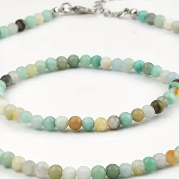 Amazonite Natural Stone Beaded Necklace and Bracelet Set - 4mm Beads - Picture 2 of 2
